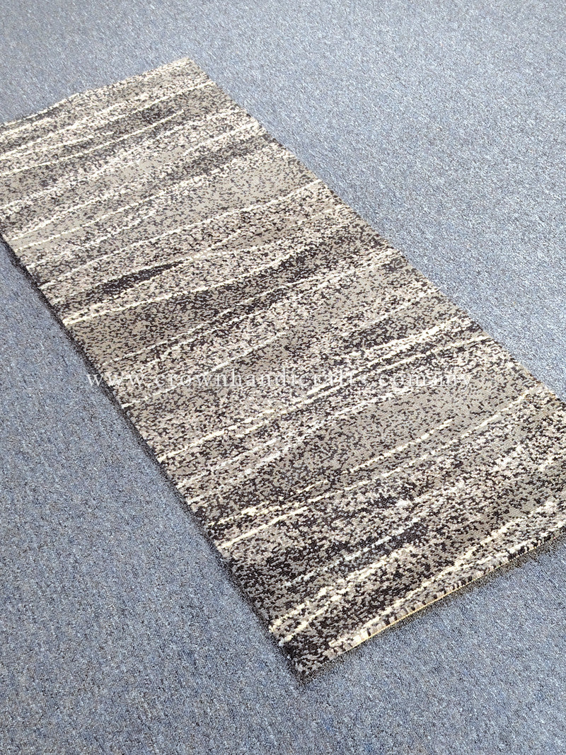 Beige and dark striped abstract hallway runner rug, flat diagonal view