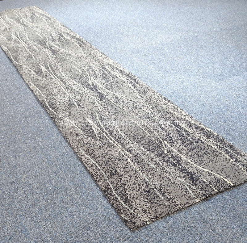 Long abstract runner rug with light gray and white streaked pattern