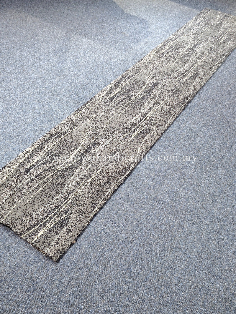 Long abstract runner rug with light gray base and white wavy line pattern