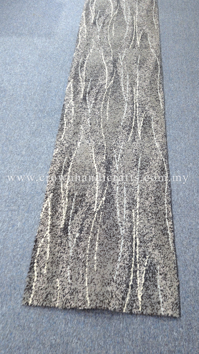 Long runner rug with vertical wavy white streak pattern on light gray base