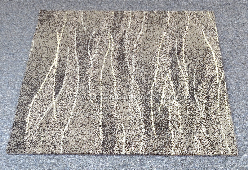 Square abstract rug with beige base, vertical dotted streaks and textured bands