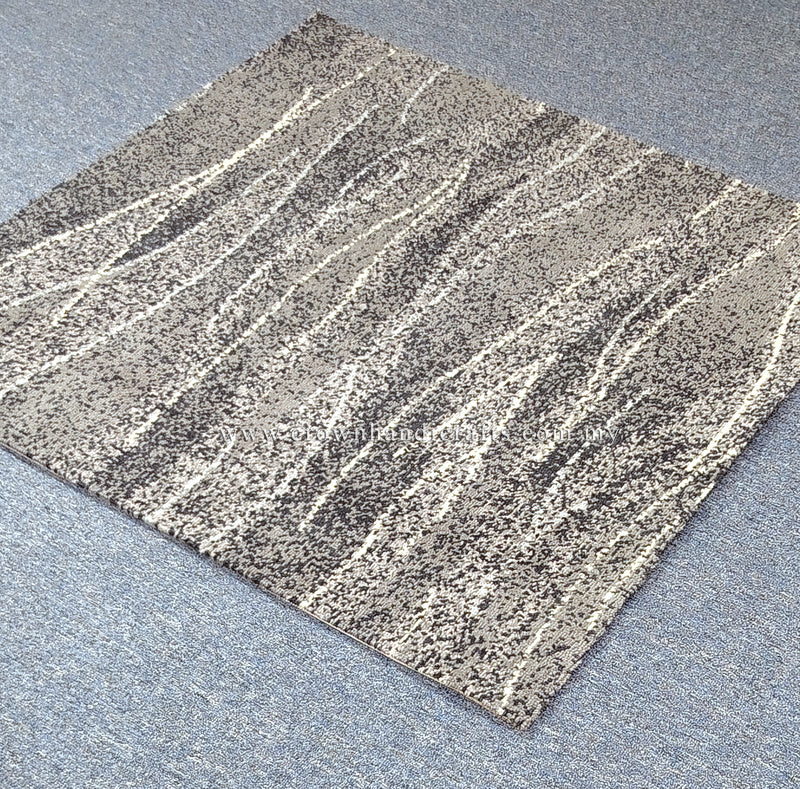Square abstract area rug with beige base, speckled stripes and line details