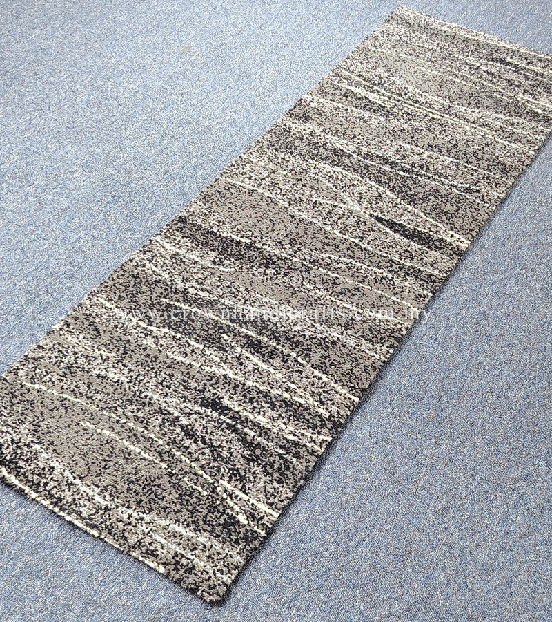 Hallway runner rug angled view with beige base and black-and-white speckled horizontal lines