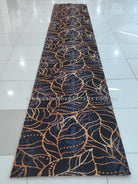 Deep blue runner carpet with gold and light-blue decorative vine swirls, centered full view