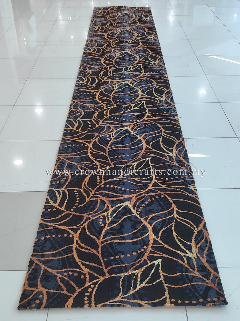 Deep blue runner carpet with gold and light-blue decorative vine swirls, centered full view