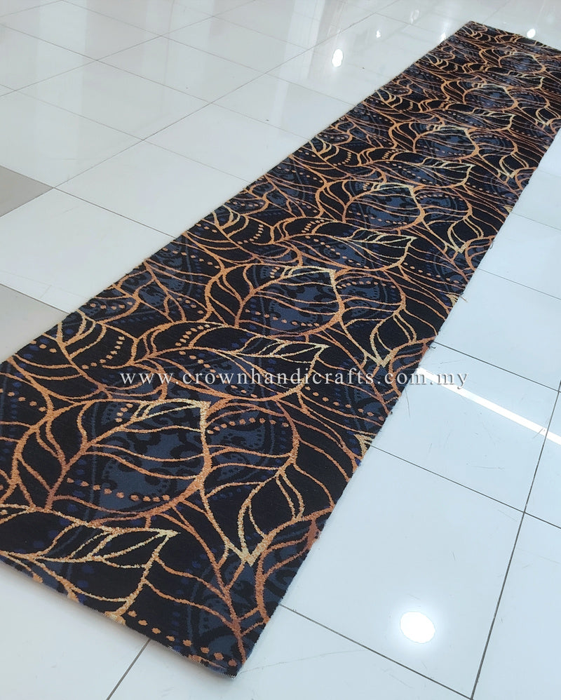 Deep blue runner rug with gold and light-blue ornate vine swirl design, full length