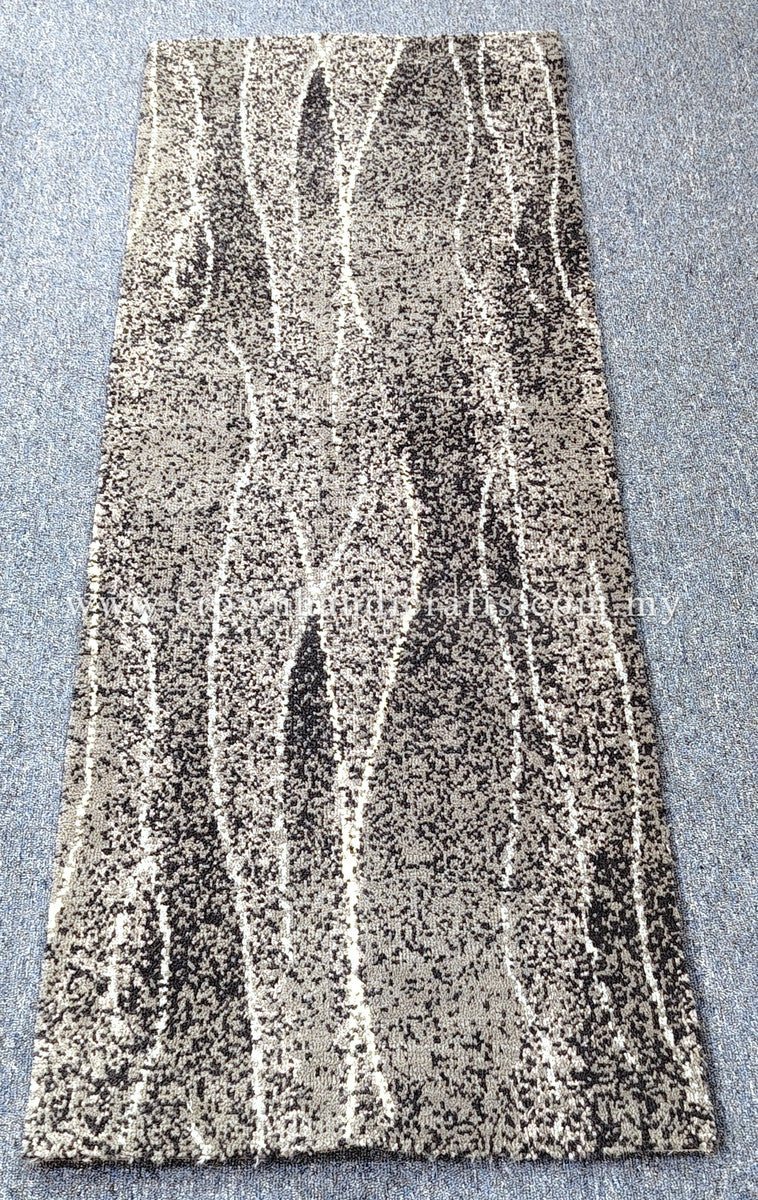 Abstract hallway runner rug, full view with vertical stripe texture in gray and ivory