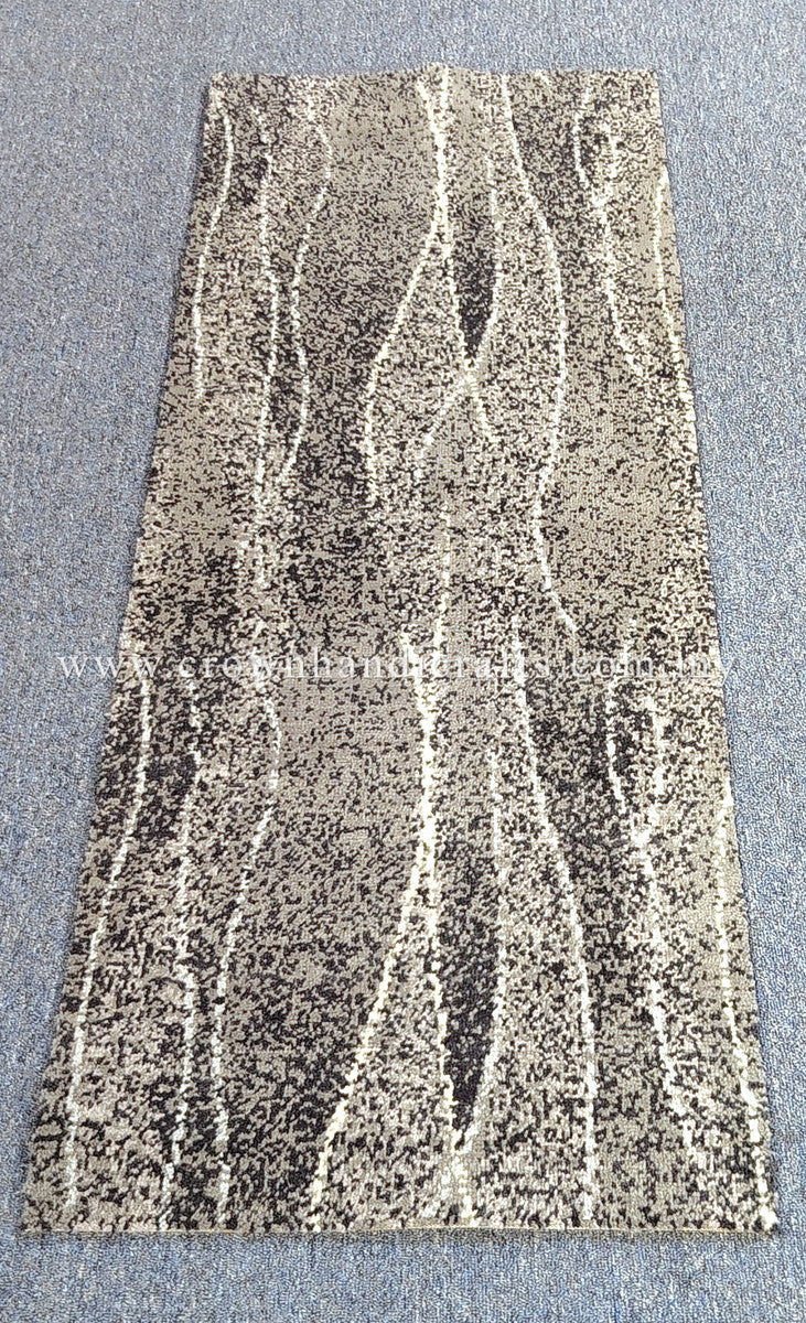 Abstract hallway runner rug with vertical stripe-like design in dark gray and ivory