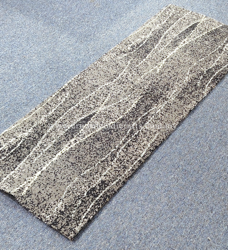 Abstract hallway runner rug with spaced vertical stripes, dark gray and light neutral base