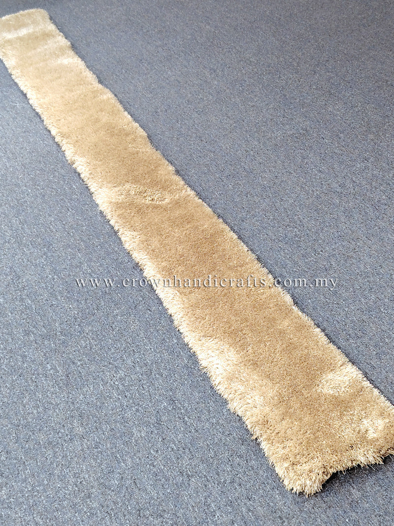 Beige ultra-slim shag runner rug laid flat, narrow long hallway style