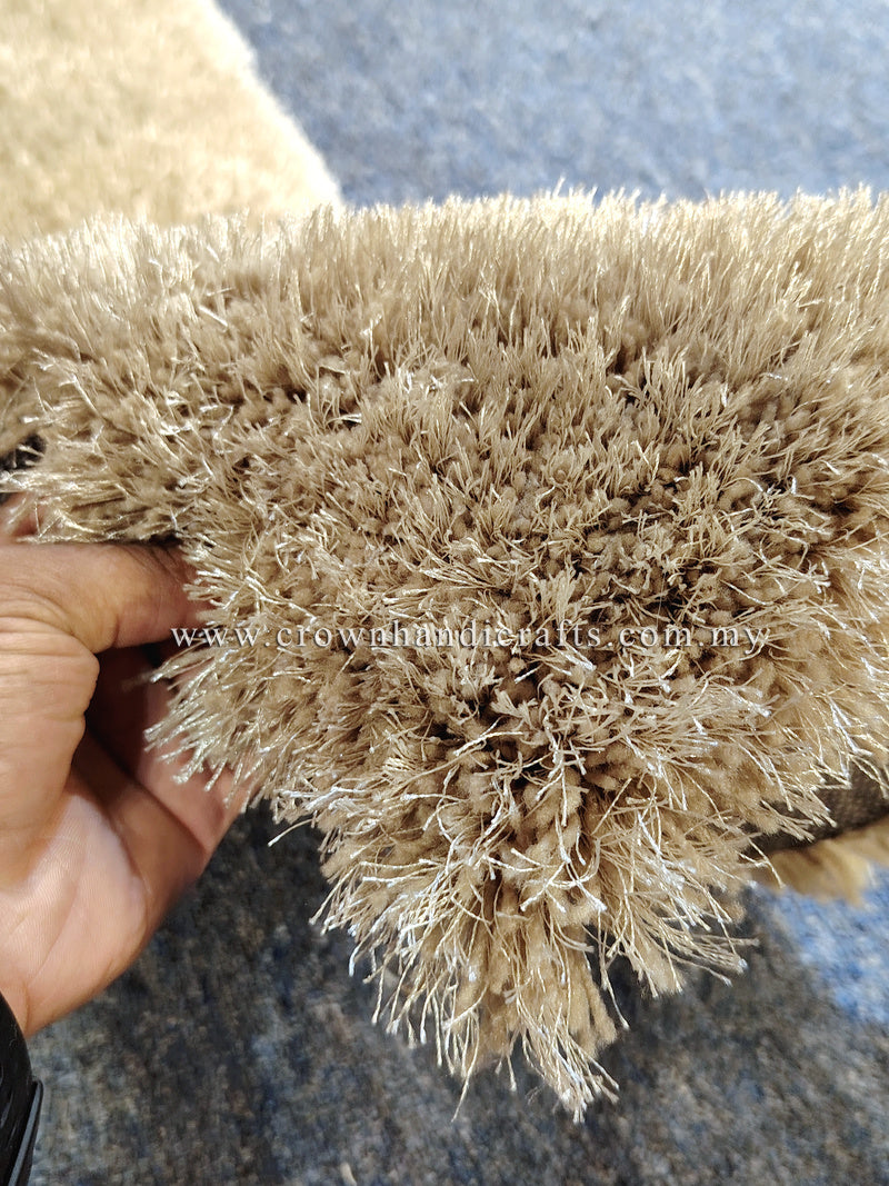 Beige shag runner rug close-up, dense high-pile fibers and short edge trim