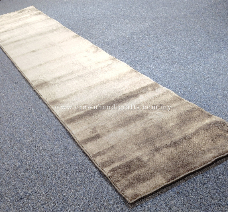 Hallway runner rug angled view, light beige with soft horizontal shading and low pile