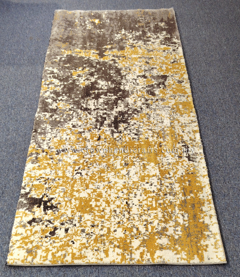 Hallway runner rug with short pile, grey and gold speckled abstract motif on rectangular weave