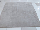 Plush area rug with even short pile texture in light gray-beige, centered view
