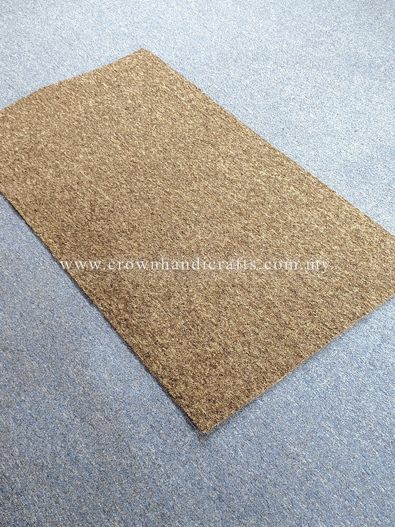 Tan-brown low-pile door mat rug, rectangular shape with flat border