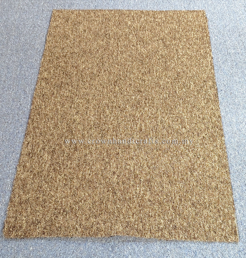 Rectangular brown-tan area rug, uniform textured surface with straight stitched border