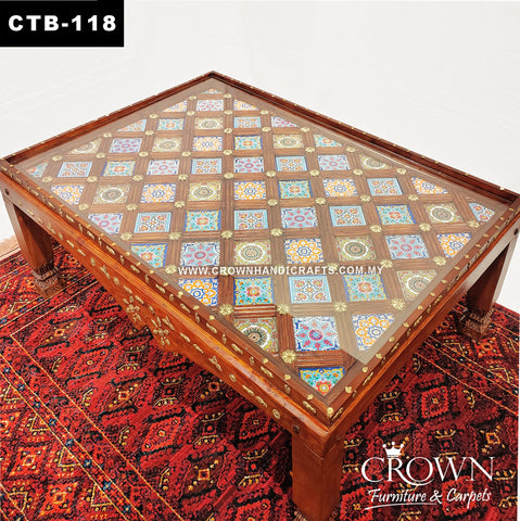 Solid Wood Coffee Table Boho Style, Low Height for Eclectic Look, Hand Painted Tiles with Brass Ornaments to spice up your Interior of Living Room | CTB-118 (L55 W35 H17 Inches)