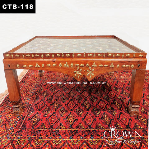 Solid Wood Coffee Table Boho Style, Low Height for Eclectic Look, Hand Painted Tiles with Brass Ornaments to spice up your Interior of Living Room | CTB-118 (L55 W35 H17 Inches)