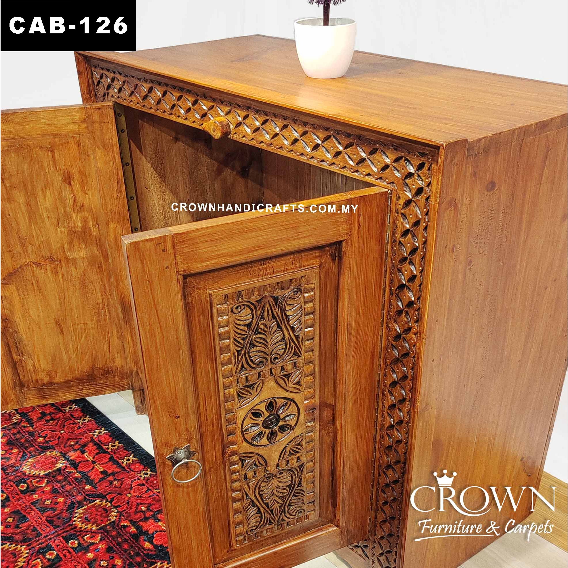 Antique Style Hand Carved Solid Wood Cabinet with 2 Doors, Premium Living Room Furniture Teak Cabinet in Malaysia | CAB-126 (L35 W16.7 H37 Inches)