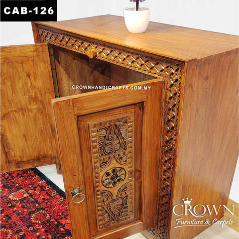 Antique Style Hand Carved Solid Wood Cabinet with 2 Doors, Premium Living Room Furniture Teak Cabinet in Malaysia | CAB-126 (L35 W16.7 H37 Inches)
