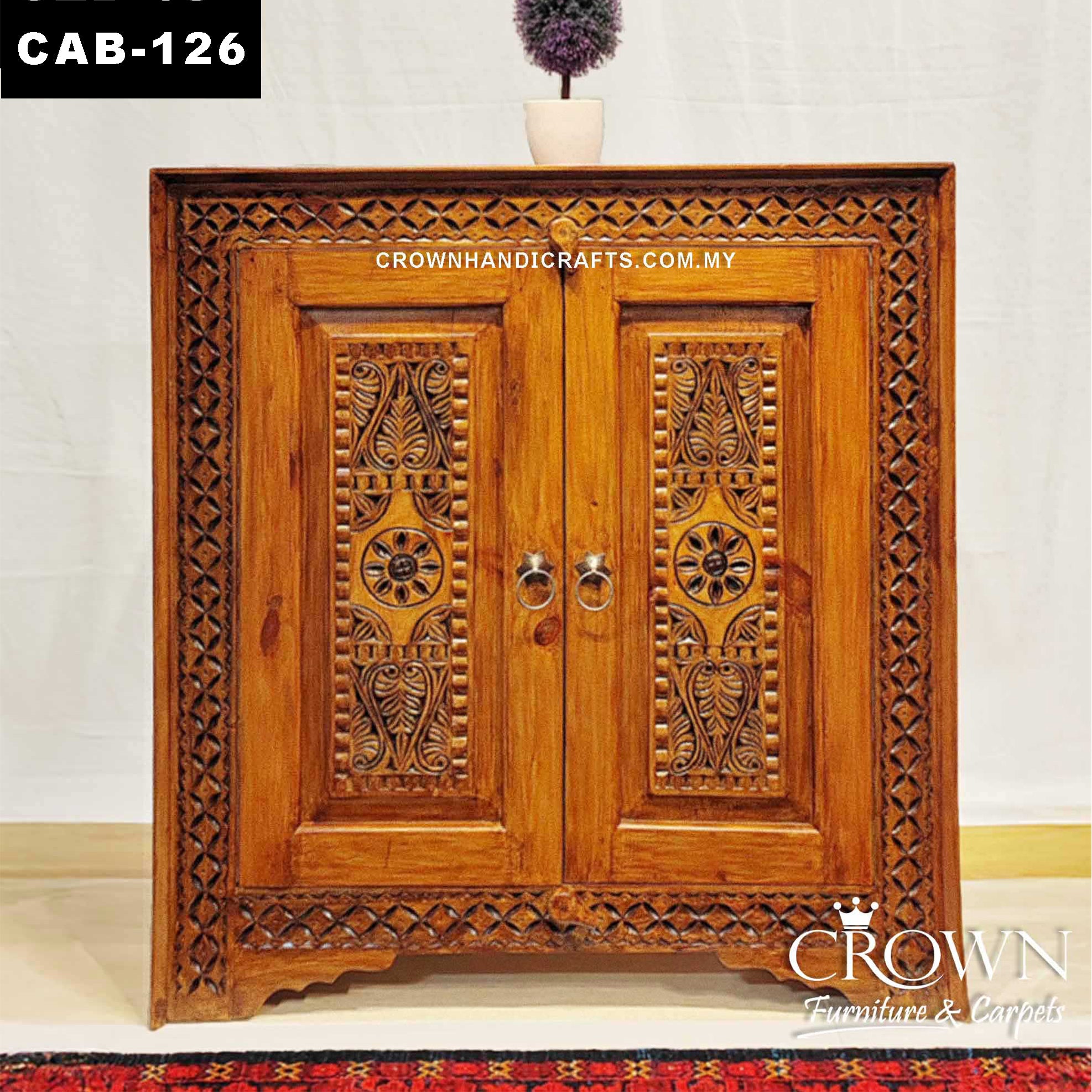Antique Style Hand Carved Solid Wood Cabinet with 2 Doors, Premium Living Room Furniture Teak Cabinet in Malaysia | CAB-126 (L35 W16.7 H37 Inches)