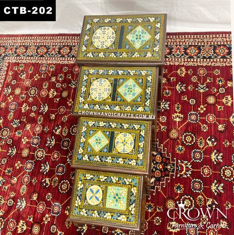 Eclectic Indian Rajasthan Hand Painted Art, Nest of 4 Tables Slot into each other to become individual side table, Perfect for Multiple Usage for your Living Room | CTB-202 (L20 W12 H22 Inches)