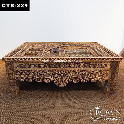 Handcrafted Indian Coffee Table | Solid Teak Wood Palace Door Design with Metal Ornaments | CTB-229 (L36 W47.5 H19.5 inches)