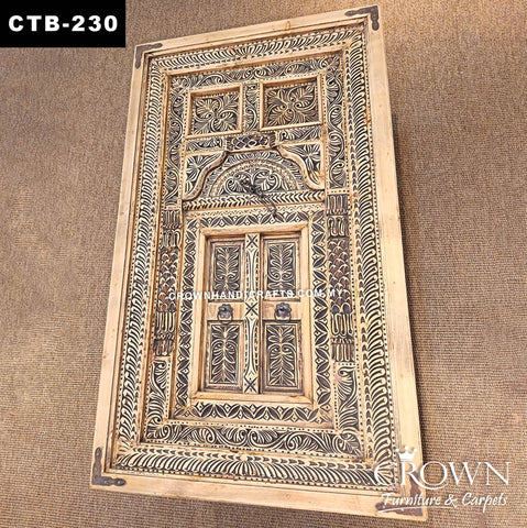 Royal Indian Palace Door Coffee Table | Solid Teak Wood Hand Carved with Antique Metal Details | CTB-230 Size: (L54.5 W30 H18 inches)