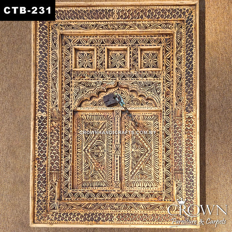 Premium Solid Teak Wood Coffee Table | Antique Indian Palace Door Style with Hand Carved Metal Accents | CTB-231 (L48 W36.5 H19 inches)