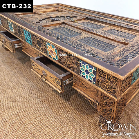 Luxury Antique Indian Palace Door Coffee Table | Handcrafted Solid Teak Wood with Boho Hand-Paint Carving Style, Metal Accents & Drawers | CTB-232 (L60 W36 H19 inches)