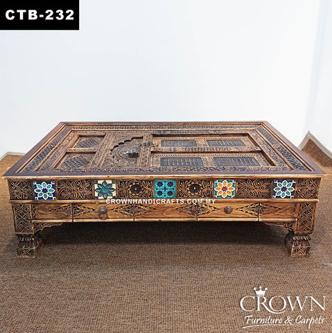Luxury Antique Indian Palace Door Coffee Table | Handcrafted Solid Teak Wood with Boho Hand-Paint Carving Style, Metal Accents & Drawers | CTB-232 (L60 W36 H19 inches)