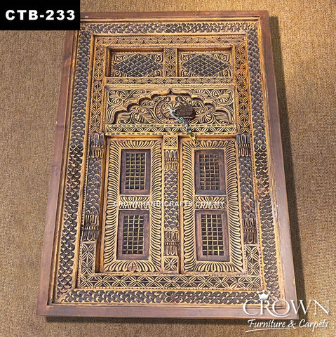 Designer Antique Indian Coffee Table | Palace Door Style Solid Teak Wood with Hand-Carved Boho Art, Metal Accents & Drawers | CTB-233 (L60 W36 H19 inches)