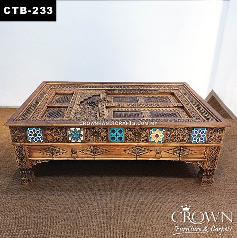 Designer Antique Indian Coffee Table | Palace Door Style Solid Teak Wood with Hand-Carved Boho Art, Metal Accents & Drawers | CTB-233 (L60 W36 H19 inches)