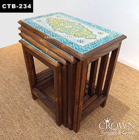 Hand-Painted Rajasthani Nesting Tables Set of 4 | Vibrant Floral Art Wooden Side Tables for Living Room | CTB-234 (L21 W14.5 H21 inches)