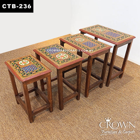 Luxury Rajasthan Nesting Tables Set of 4 | Hand-Painted Indian Wooden Side Tables with Vibrant Artwork  | CTB-235 (L20.5 W14.5 H21 inches)
