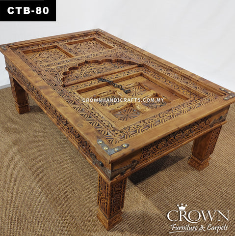 Solid Wood Coffee Table Antique Moghul Palace Door Style, Featured with Hand Carving, Brass and Metal Ornaments | CTB-80 (L48.5 W31 H18 Inches)