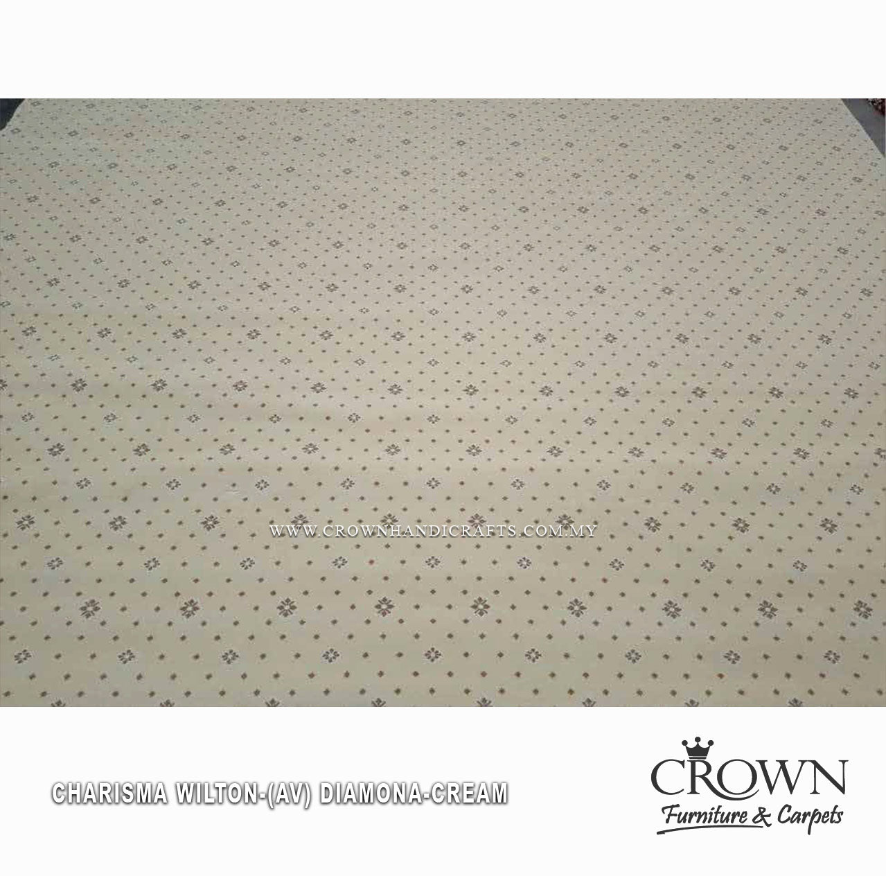 Wall-to-wall carpet in cream with repeating small star medallion pattern