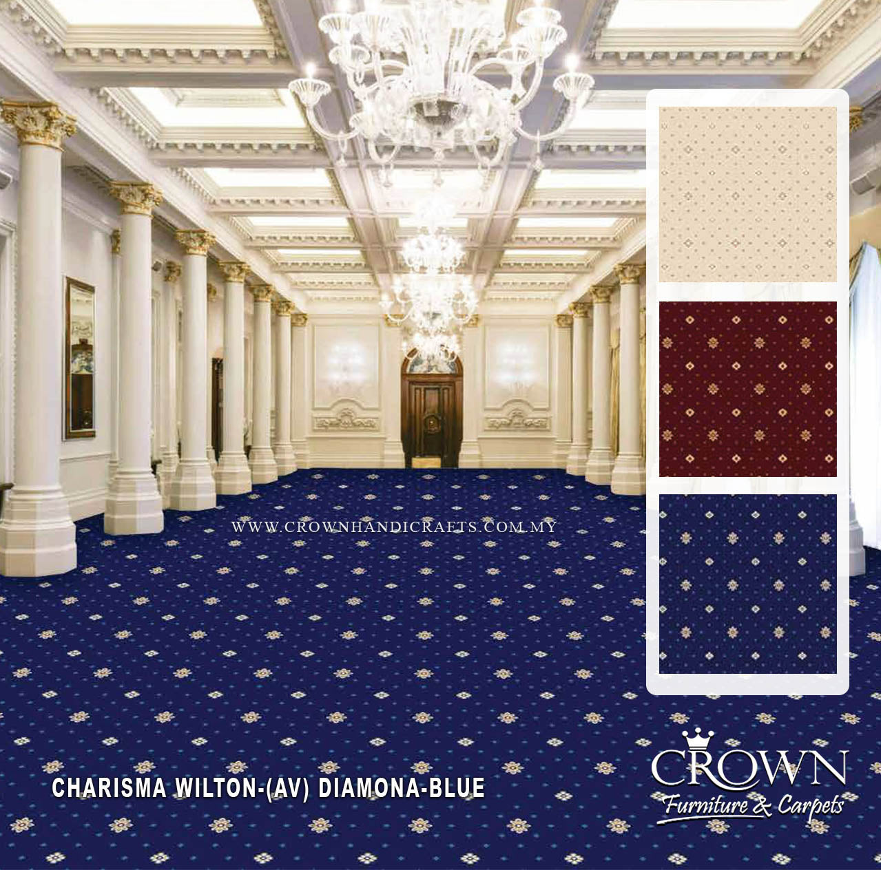 Wall-to-wall carpet in deep navy with small star medallion pattern