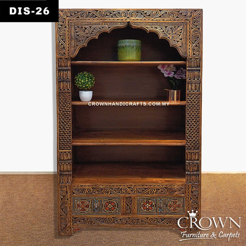 Statement Solid Wood Display Cabinet | Handcrafted Carvings & Hand-Painted Details for Timeless Living Spaces With Two Drawers | DIS 26 (L39 W15.5 H72 Inches)