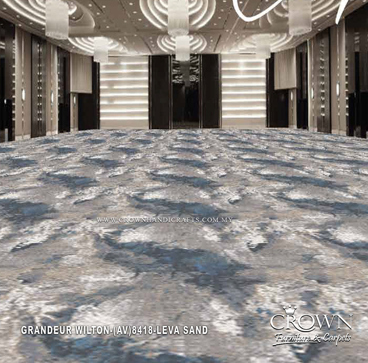 Wall-to-wall carpet with blue and light gray distressed pattern, broad area view