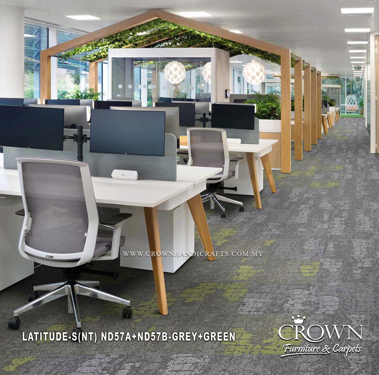 Green and grey speckled carpet tiles with subtle modern geometric pattern for offices