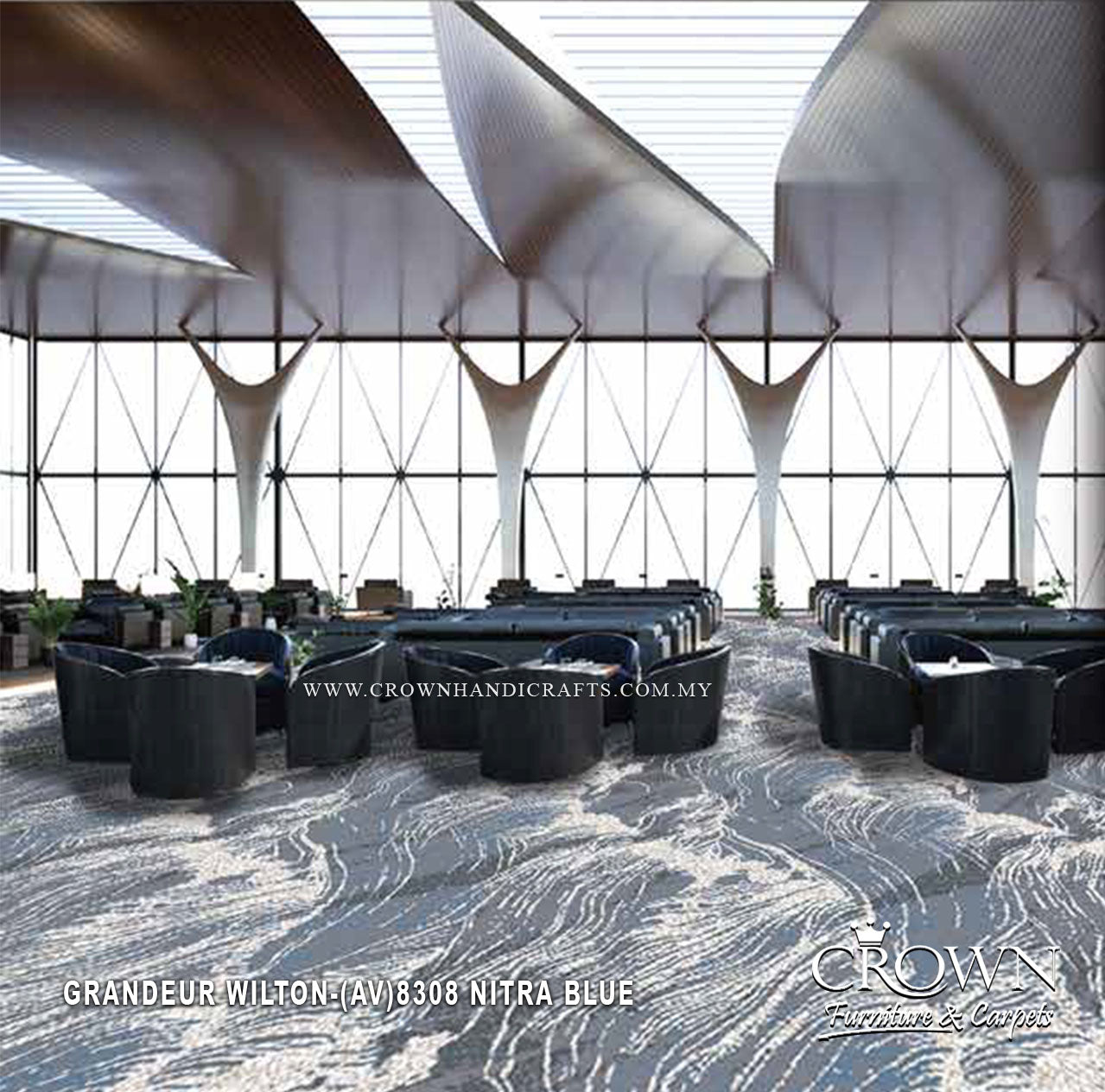 Wall-to-wall carpet with swirling distressed pattern in dark navy and light beige highlights