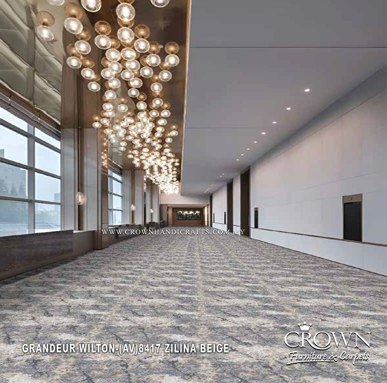 Wall-to-wall carpet with distressed geometric pattern in beige, taupe, and muted blue