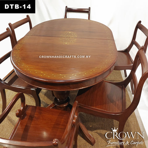 Handcrafted Oval Dining Table – Extendable Solid Wood Design for 6 Extend To 8 Seaters with Brass Inlay Detail | DTB-14 | After Extend: (L84 W41.5 H31 Inches) - Before Extend: (L84 W41.5 H31 Inches)