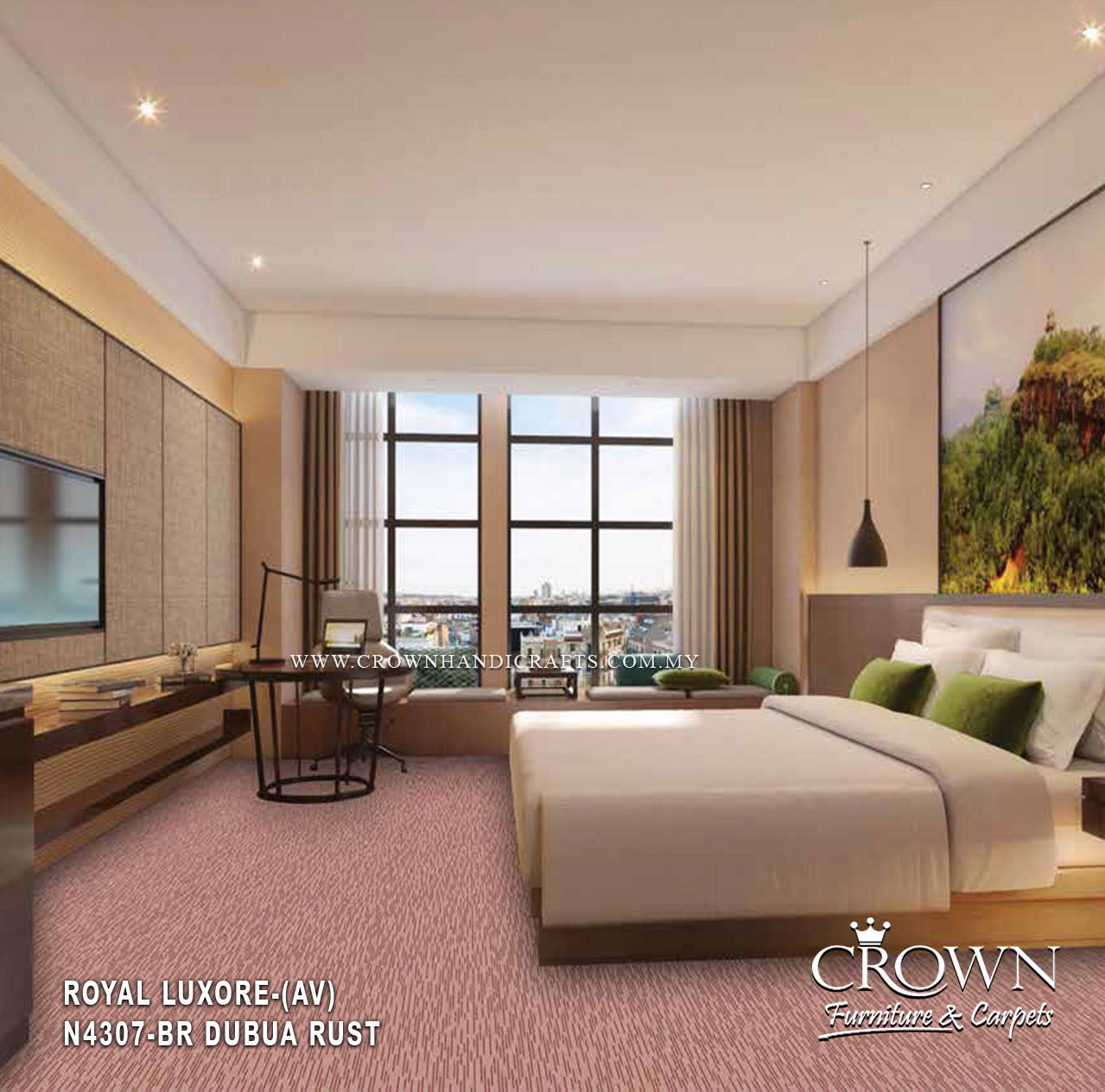 Rust-toned wall-to-wall carpet in a modern bedroom with a short, textured pile.