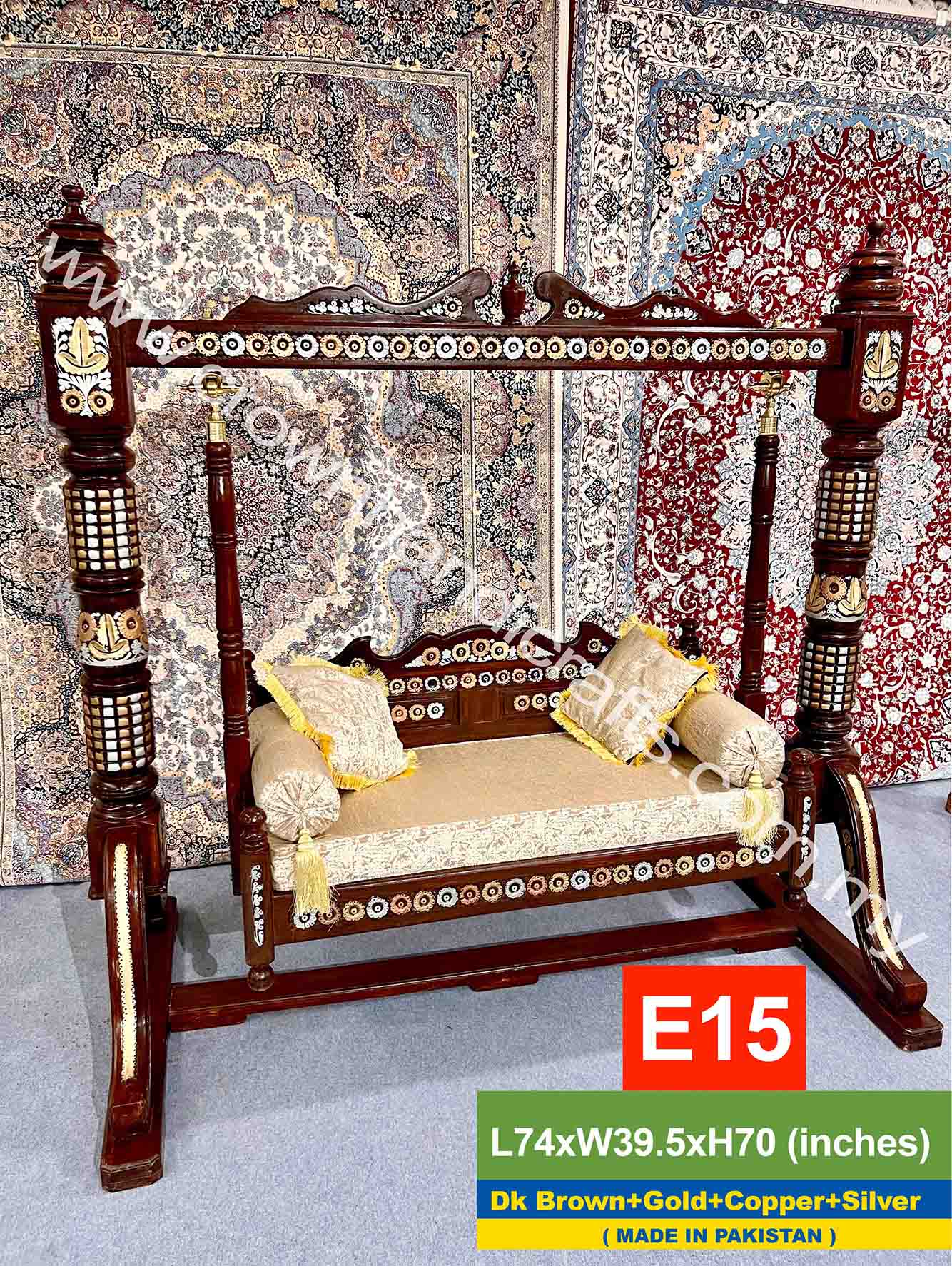 Maharaja Swing 2 seater Luxurious Handcrafted Indian and Pakistani Wooden Swing in Premium Rosewood, Combining Traditional Elegance and Modern Luxury for Your Home Decor Maharaja Swing 2 Seater E15