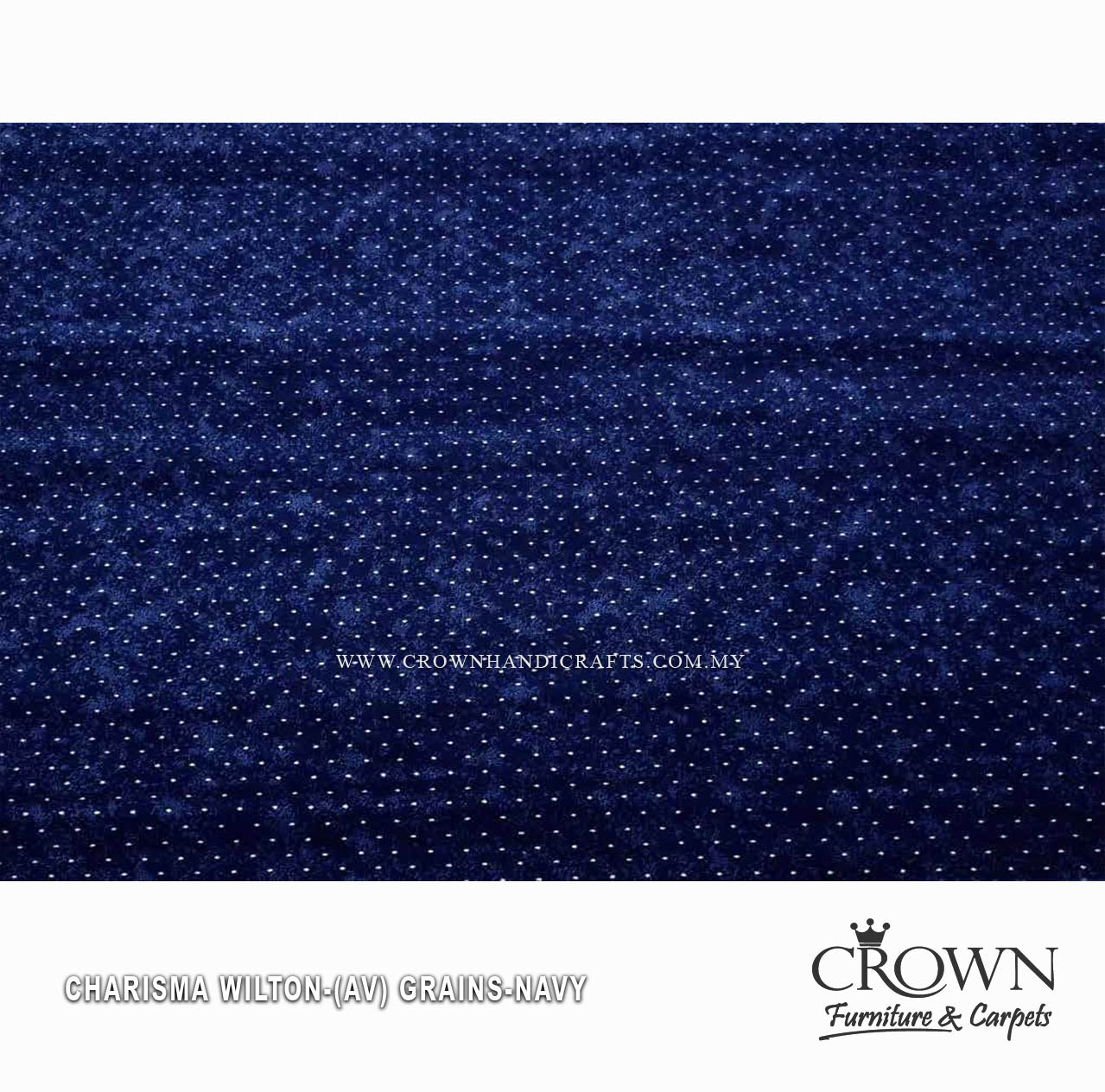 Wall-to-wall Wilton carpet, navy speckled texture close-up