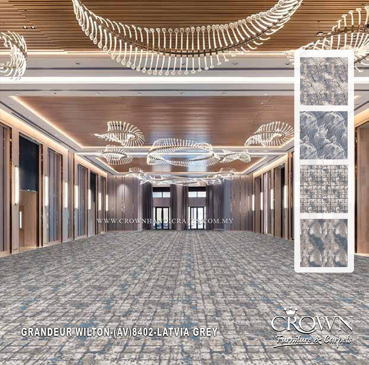 Wall-to-wall carpet with distressed geometric pattern in light grey and subtle blue accents