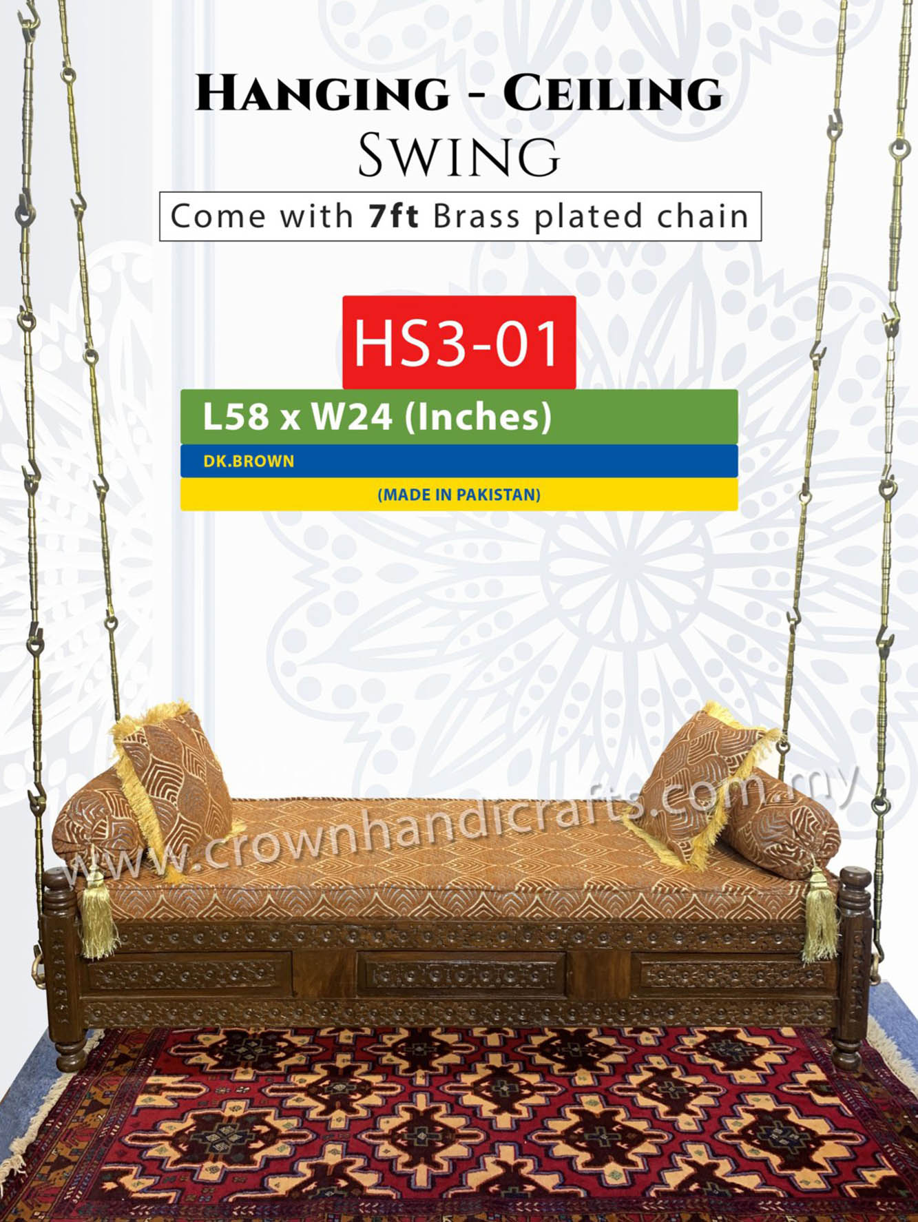 Ceiling Hanging Swing 3 seater Backless, Luxurious Handcrafted Indian and Pakistani Wooden Swing in Premium Rosewood, Combining Traditional Elegance and Modern Luxury for Your Home Decor Maharaja Swing Hanging 3 Seater Backless HS3-01