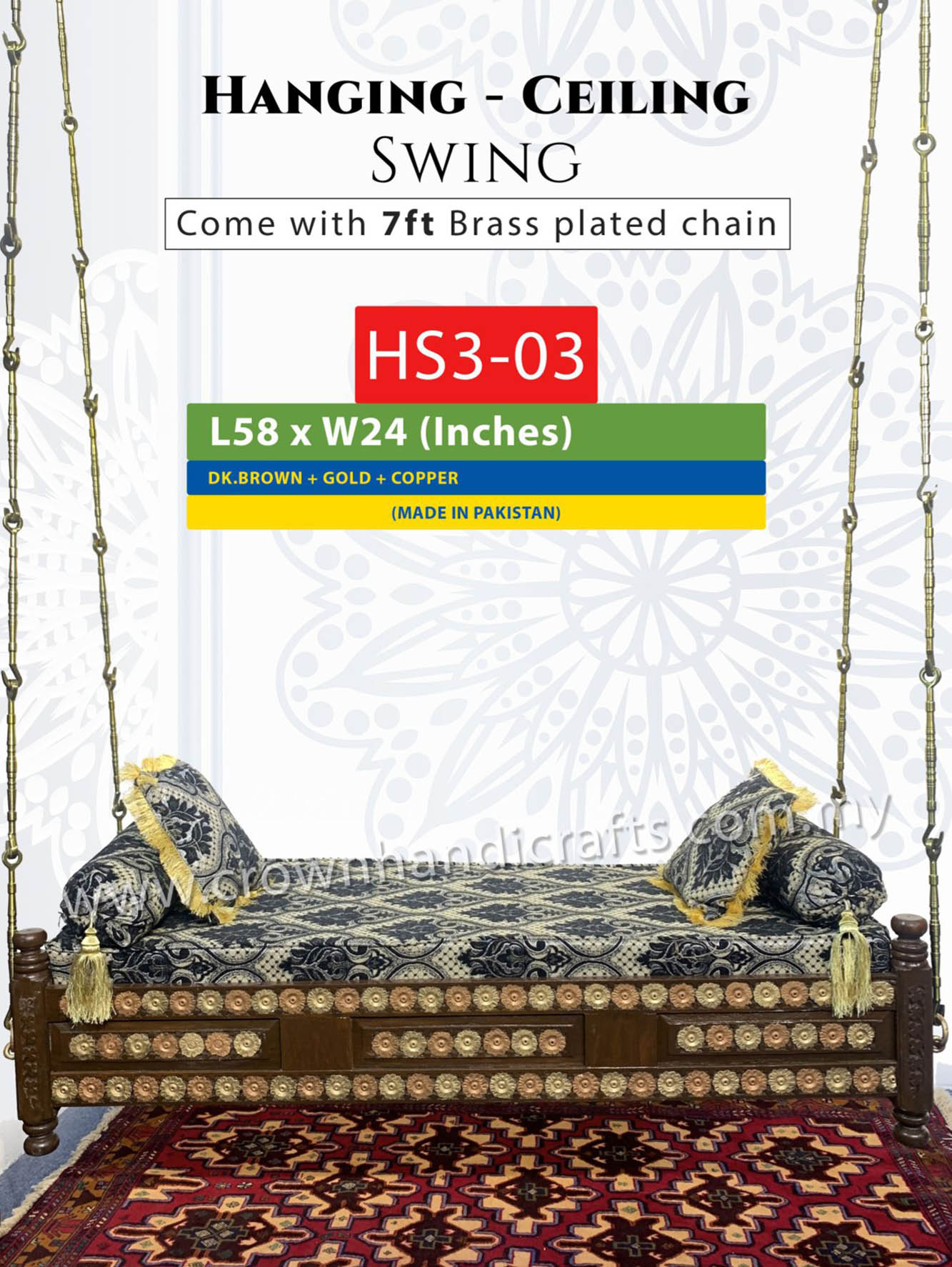 Ceiling Hanging Swing 3 seater Backless,  Luxurious Handcrafted Indian and Pakistani Wooden Swing in Premium Rosewood, Combining Traditional Elegance and Modern Luxury for Your Home Decor Maharaja Swing Hanging 3 Seater Backless HS3-03